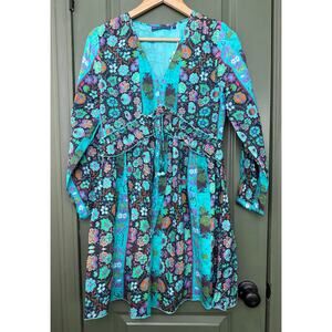 NWT Ro's Garden Jerez Long Sleeve Floral Mini Boho Dress Yeshi Aqua Teal XS